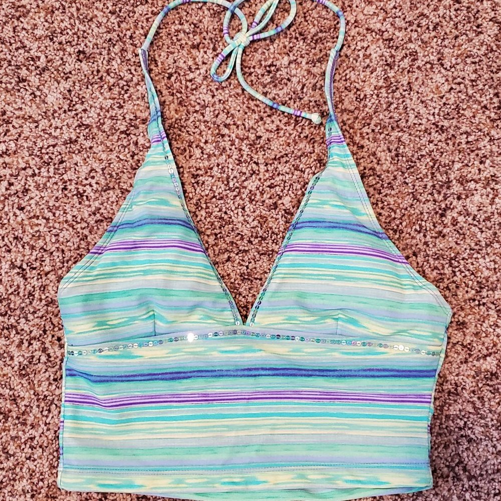 Personal Identity Light green, teal, & lavender Halter Swim Top, Size Med